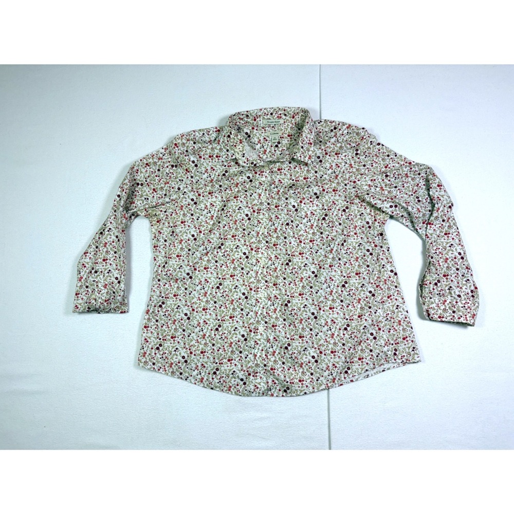 LL Bean Womens 1X Wrinkle Resist Floral Cotton Button Down Shirt Red